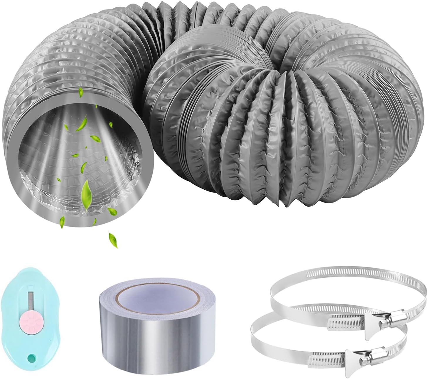  Tuyau Ventilation PVC 100mm Pour Hotte Aspirante 3m Flexible Tuyau D'Evacuation Avec 2 Colliers De Serrage Et 1 Adhésif Aluminium Pour Climatisation Extracteur D'Air Ventilateur Tubulair Gris