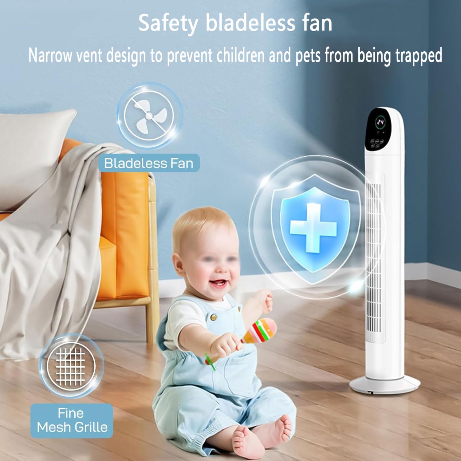  Ventilateur De Tour Avec Télécommande, 3 Vitesses, 7.5H Minuterie, 80° Oscillant Bladeless Design Pour Chambre à Coucher, Bureau, Fonctionnement Silencieux Sans Danger Pour Les Enfants