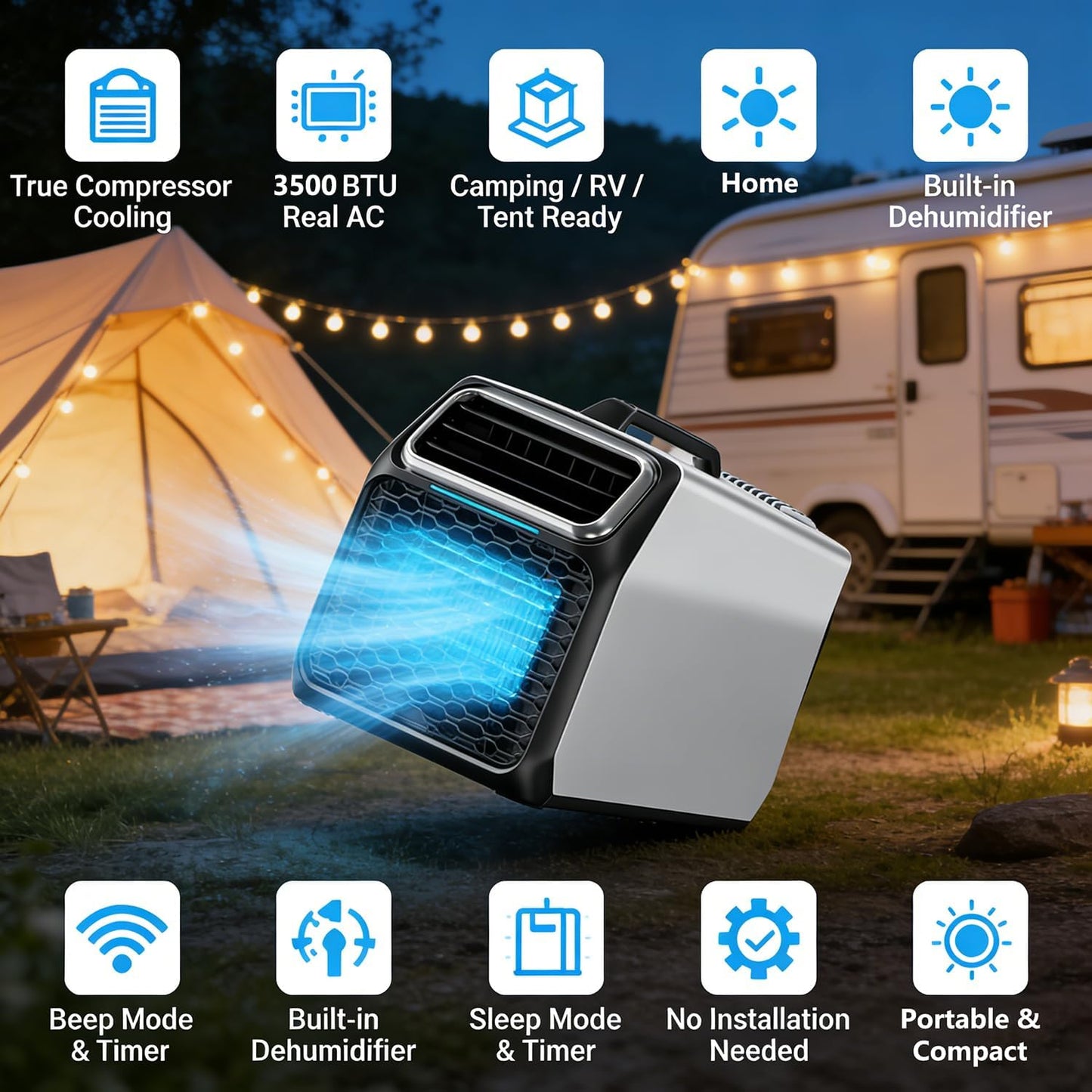  Nouveau Climatiseur Portable Camping 3500 BTU Pour Tente Et Petits Espaces (3–5 M²), Climatiseur Mobile Silencieux Pour Camping-Car, Avec Minuterie Et Télécommande Silver