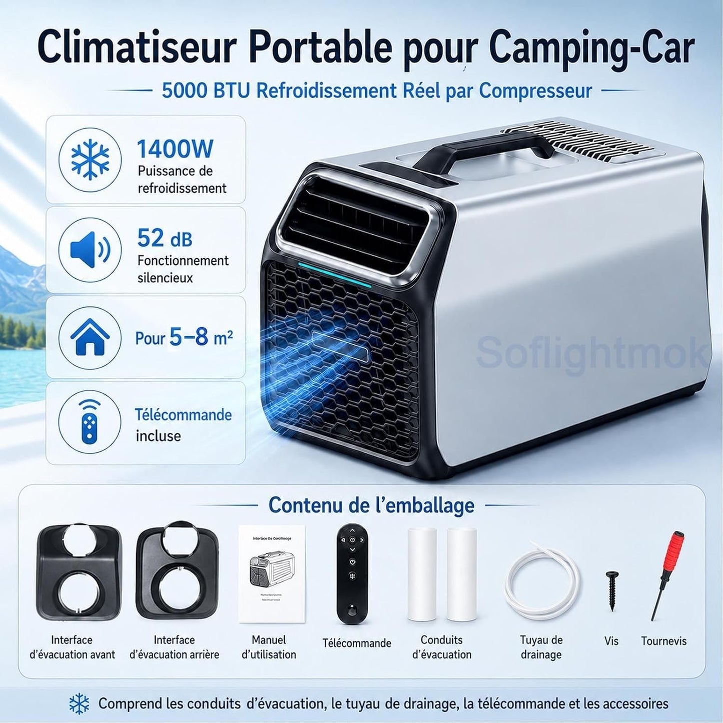  220v Climatiseur Portable 5000 BTU Pour Cabine De Camion Silver-220V | Solution Compacte Pour Cabine De Camion, Van, Tente Ou Petit Bureau Quand Une Clim Fixe N’est Pas Possible.
