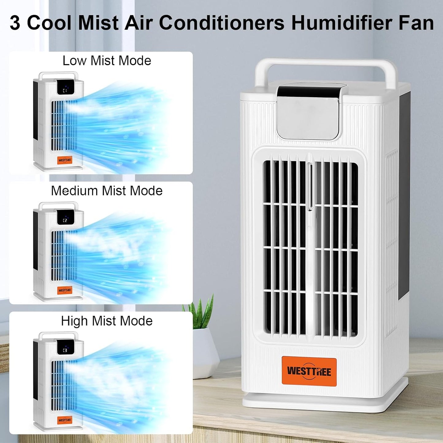  WESTTREE Petit Ventilateur Brumisateur De Climatiseur, Oscillant à 120°, 3 Niveaux D'humidification Et 4 Vitesses, 7 Veilleuses De Couleur RVB, Climatiseur Portable Pour Chambre à Coucher -F10 Blanc