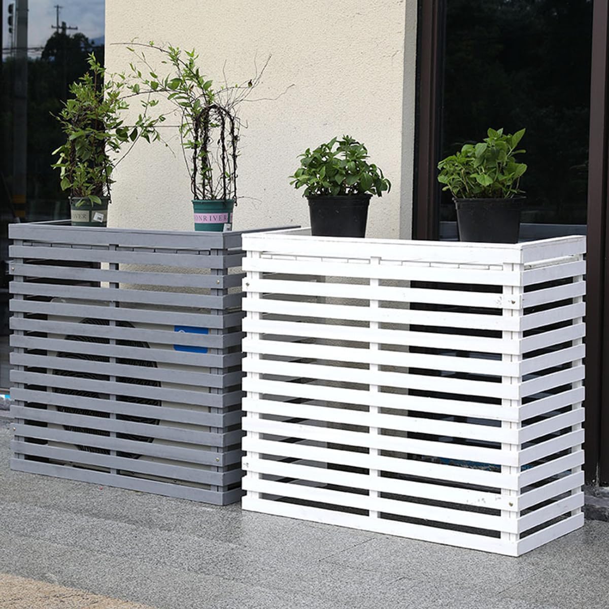 GENERIC Housse De Climatiseur D'extérieur En Bois Massif Avec Persiennes Et Support De 85 X 35 X 80 Cm, Design élégant Résistant Aux Intempéries Pour Terrasse Et Jardin