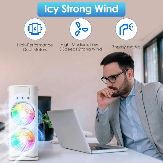  Climatiseur Mobile Rafraîchisseur D’Air, Mini Climatiseur 4 En 1, Ventilateur USB Avec 3 Vitesses & 3 Modes Brume, Refroidisseur D’Air Silencieux Avec LED 7 Couleurs Pour Bureau, Maison