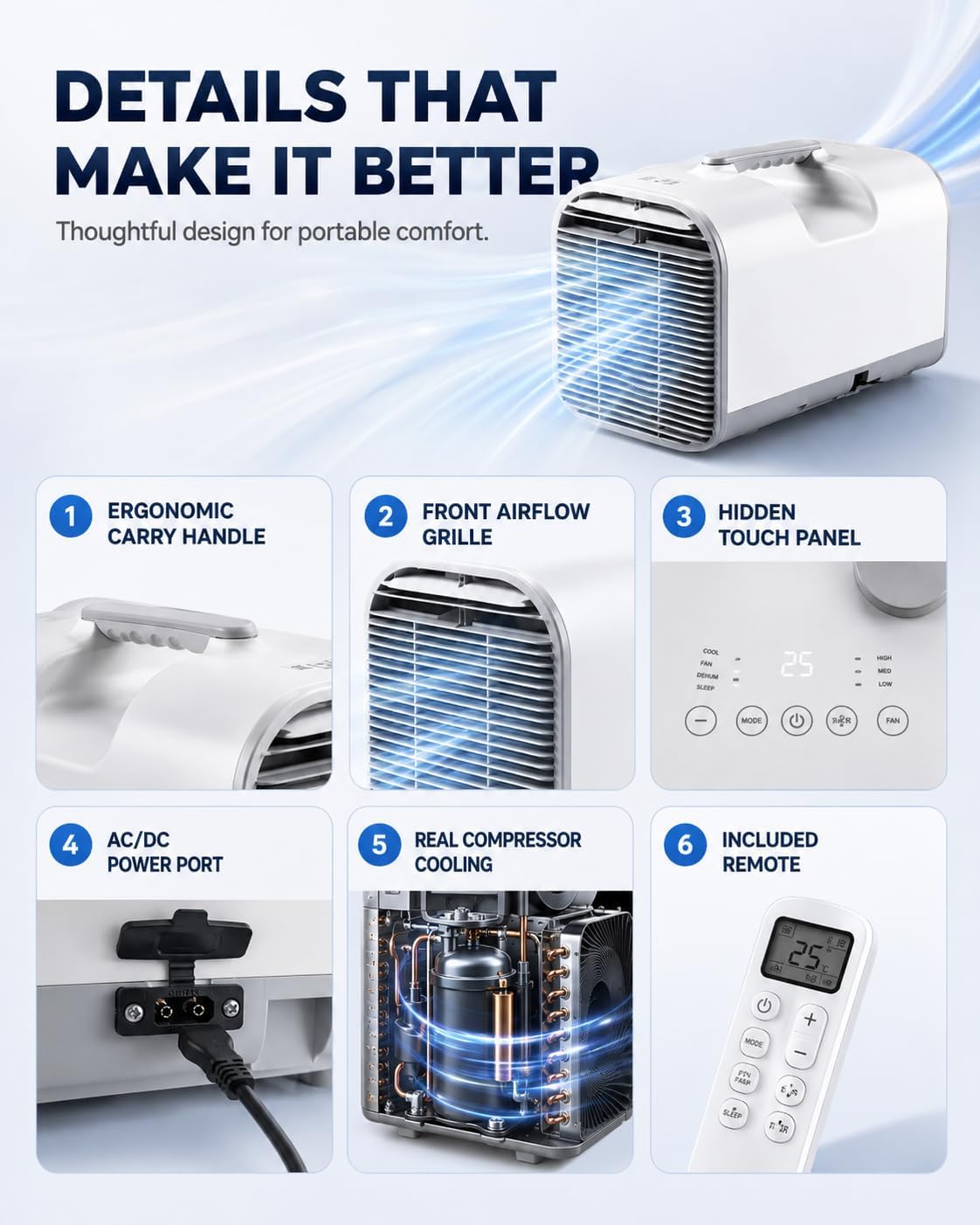  4777 BTU Unité De Climatisation Portable, Refroidisseur Extérieur 4 En 1 Avec Déshumidificateur Et Ventilateur.Système D'auto-Évaporation, Télécommande.Design Ultra-Calme Pour Le Camping, Les VR, Les