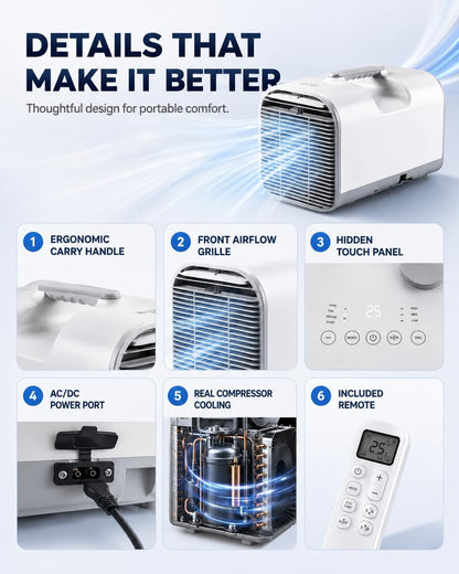  4777 BTU Unité De Climatisation Portable, Refroidisseur Extérieur 4 En 1 Avec Déshumidificateur Et Ventilateur.Système D'auto-Évaporation, Télécommande.Design Ultra-Calme Pour Le Camping, Les VR, Les