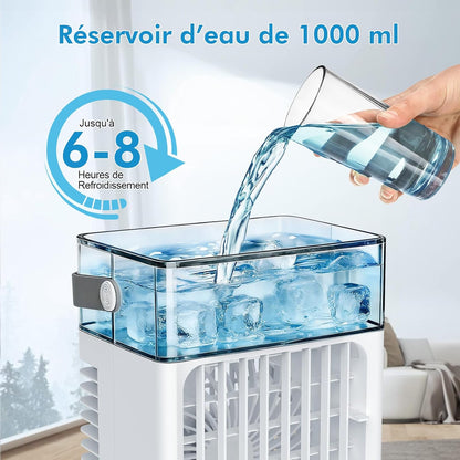  Mini Climatiseur Portable 3-en-1, Réservoir D'Eau 1L, 4 Vitesses Réglables, 3 Minuteurs, Lumière RVB Intégrée, Climatiseur Mobile Silencieux Avec Télécommande Pour Maison, Bureau