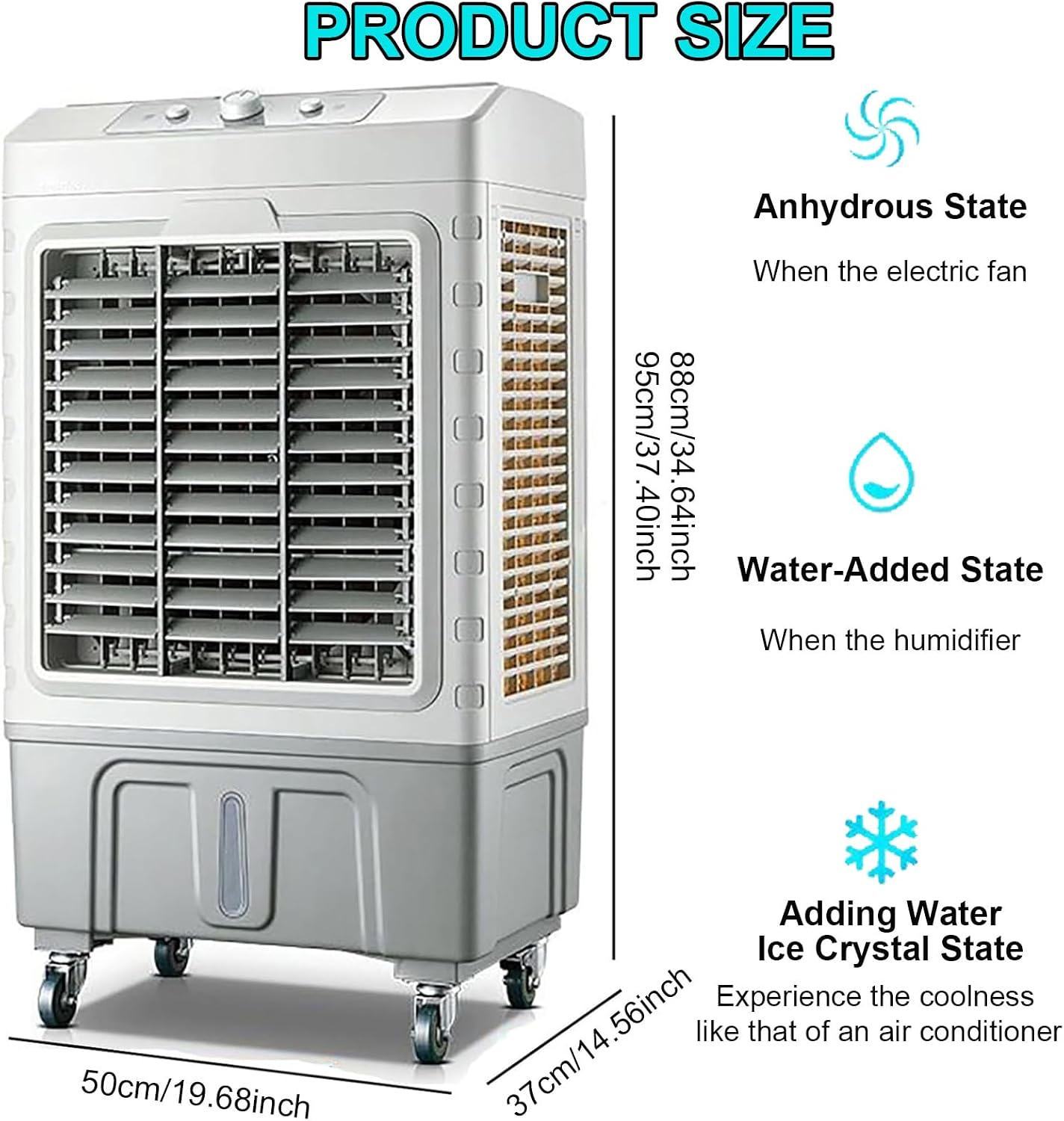 GENERIC Ventilateur De Refroidisseur D'air évaporatif De 55L, Refroidisseurs Portables Oscillants De 120 ° Pour Patio Extérieur, Grand Réservoir D'eau Avec Cristaux De Glace, 3 Vitesses Et Fonctionnement Sile