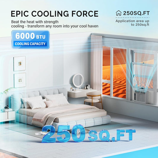  ROVSUN Climatiseur Pour Fenêtre, 6000 BTU, Télécommande Et Minuteur, Idéal Pour Les Pièces Jusqu'à 250 M², 110 V/60 Hz, Blanc