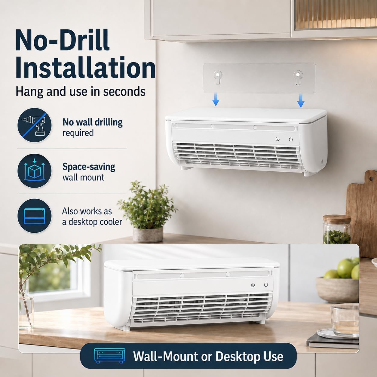  Mini-climatiseur, Climatiseur Mural Portable Sans Fil Avec Télécommande, Ventilateur De Refroidissement Mural Sans Perçage, 3 Vitesses Pour Petits Espaces,Blanc