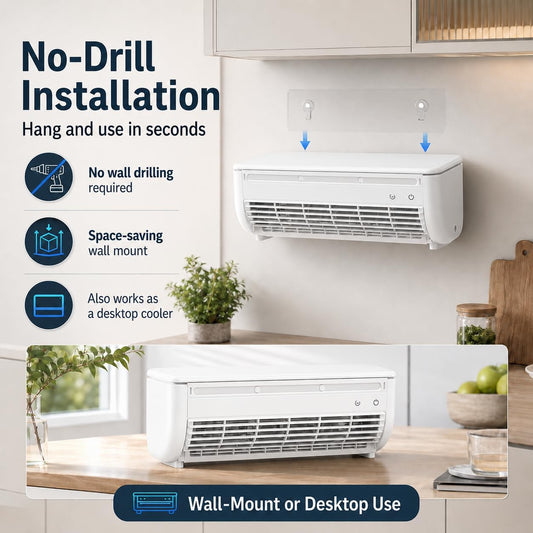  Mini-climatiseur, Climatiseur Mural Portable Sans Fil Avec Télécommande, Ventilateur De Refroidissement Mural Sans Perçage, 3 Vitesses Pour Petits Espaces,Blanc