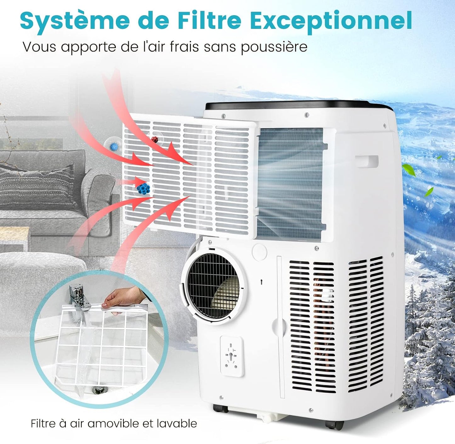  COSTWAY Climatiseur Mobile Silencieux 5 EN 1, Clim 12000BTU Refroidissement Rapide,Chauffage,Ventilateur,Déshumidificateur,Mode Nuit, Climatisation Faible Conso,Wifi