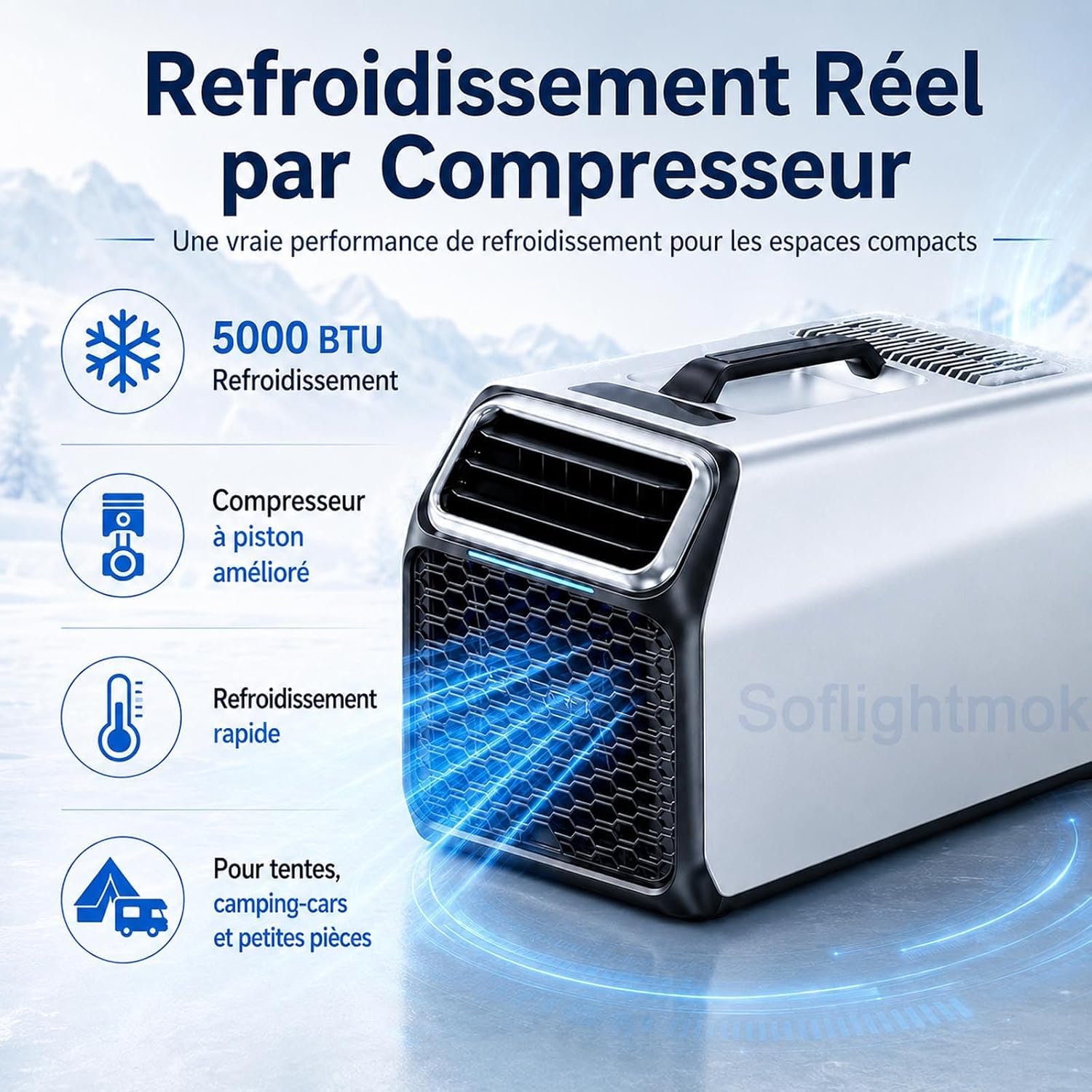  220v Climatiseur Portable 5000 BTU Pour Cabine De Camion Silver-220V | Solution Compacte Pour Cabine De Camion, Van, Tente Ou Petit Bureau Quand Une Clim Fixe N’est Pas Possible.