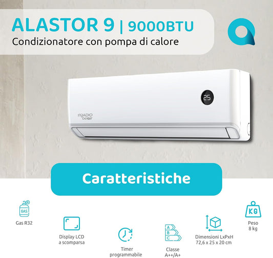  ALASTOR 9 Climatiseur Inverseur 9000 BTU Avec Pompe à Chaleur, Gaz R32, Classe A++/A+, Télécommande LCD Sans Fil, écran LCD, Filtres Lavables, Minuterie Programmable