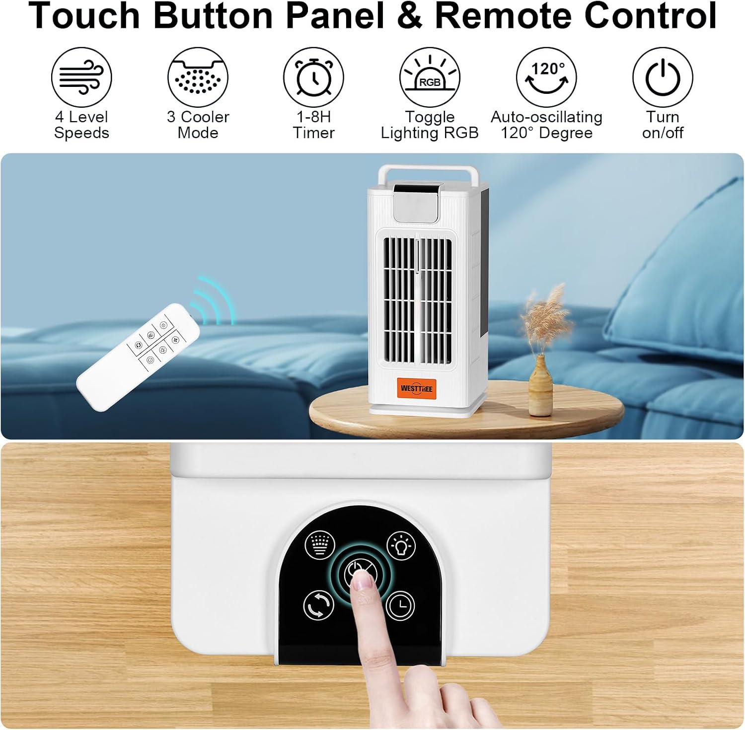  WESTTREE Petit Ventilateur Brumisateur De Climatiseur, Oscillant à 120°, 3 Niveaux D'humidification Et 4 Vitesses, 7 Veilleuses De Couleur RVB, Climatiseur Portable Pour Chambre à Coucher -F10 Blanc