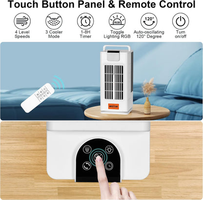  WESTTREE Petit Ventilateur Brumisateur De Climatiseur, Oscillant à 120°, 3 Niveaux D'humidification Et 4 Vitesses, 7 Veilleuses De Couleur RVB, Climatiseur Portable Pour Chambre à Coucher -F10 Blanc