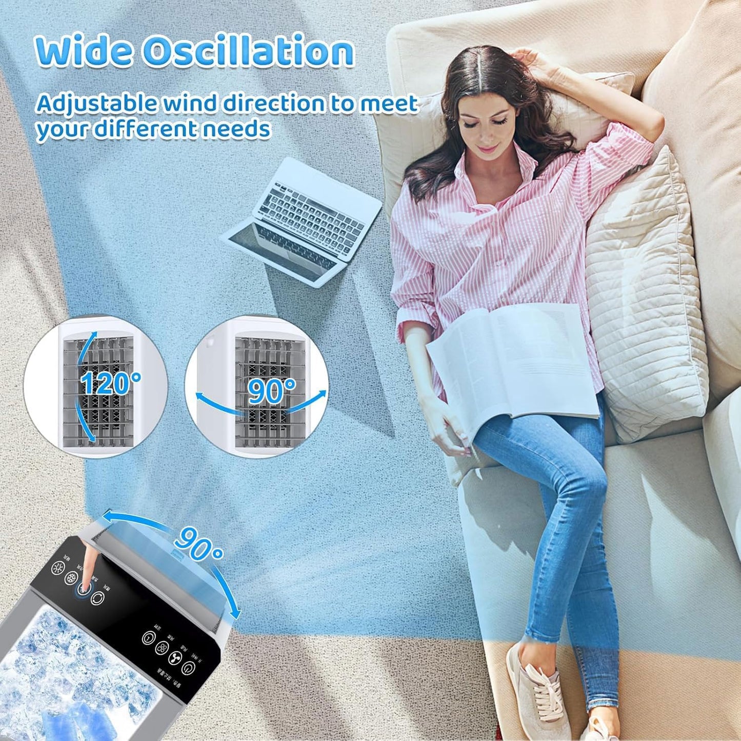 GENERIC Refroidisseur D'air Portable Avec Télécommande, 3 Vitesses Et 12H Minuterie, Ventilateur D'évaporation Silencieux Pour La Maison, Bureau, Chambre à Coucher.Basse Énergie 60W, Roues De Déplacement Faci