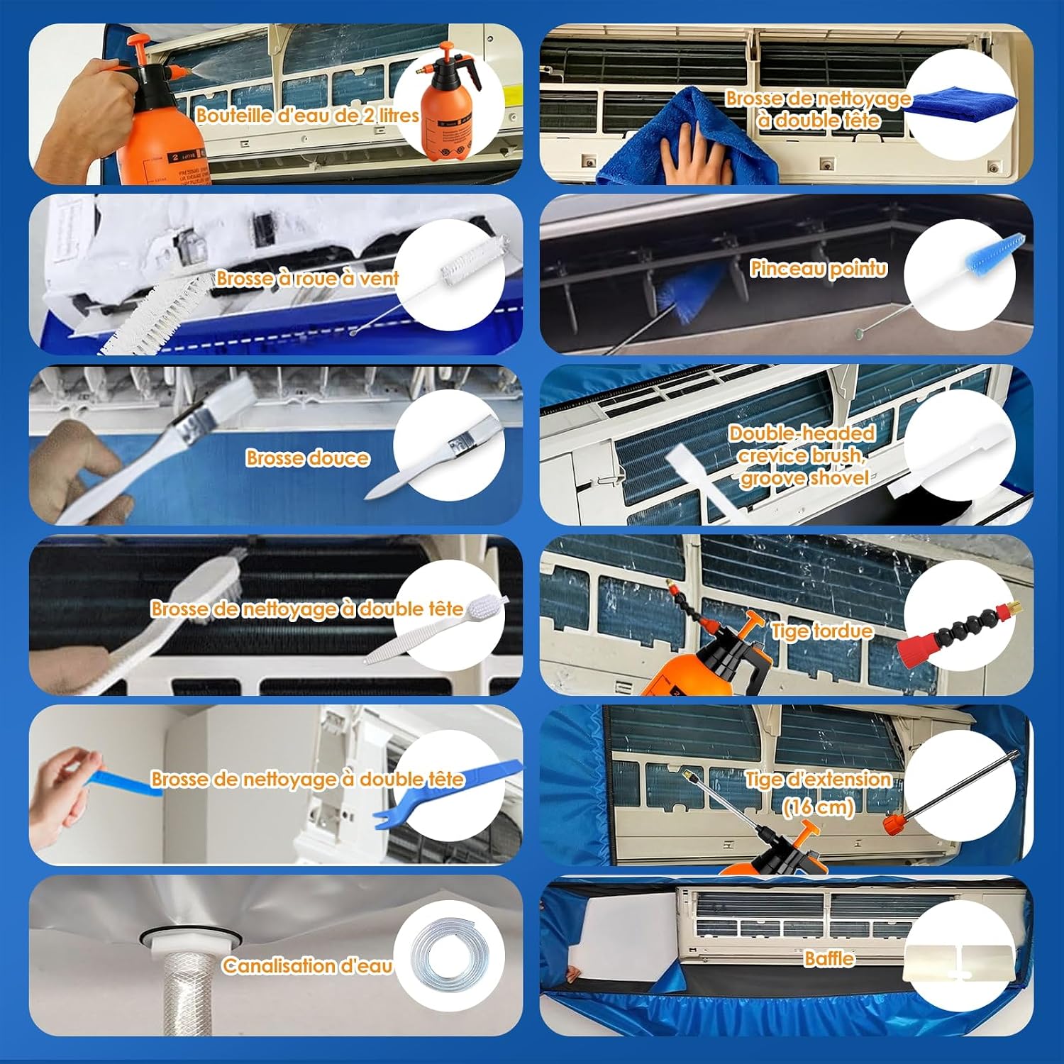  Kit Entretien Climatisation, Kit De Nettoyage Climatisation Split Pour Climatiseur, Bache Nettoyage Clim Avec Parois Latérales Renforcées (Bleu Et Blanc Transparent, Type A)