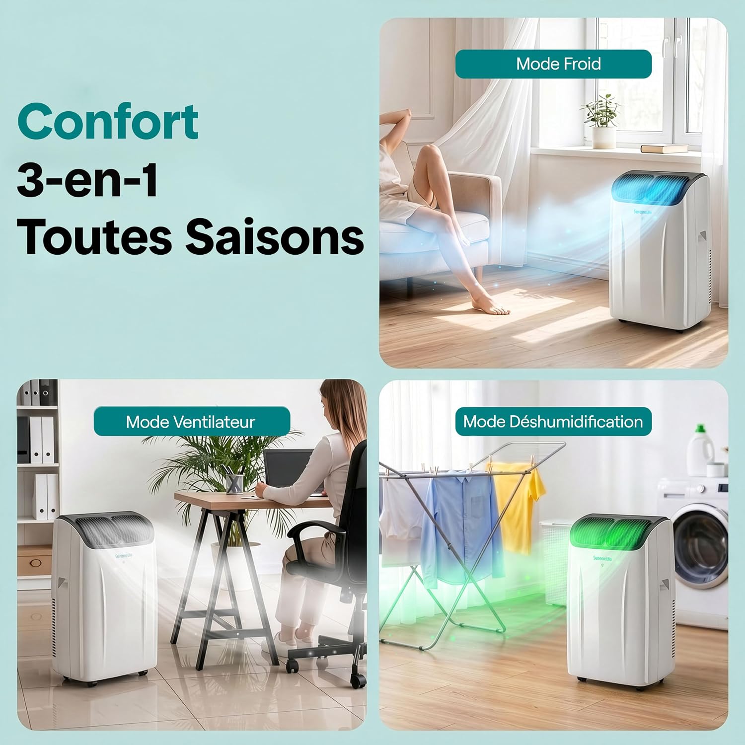  SereneLife Climatiseur Portable 14 000 BTU – Clim Mobile 3 En 1 Silencieuse Avec WiFi, Déshumidificateur, Ventilation, Télécommande Et Kit Fenêtre, Contrôle APP, Minuterie 24 H