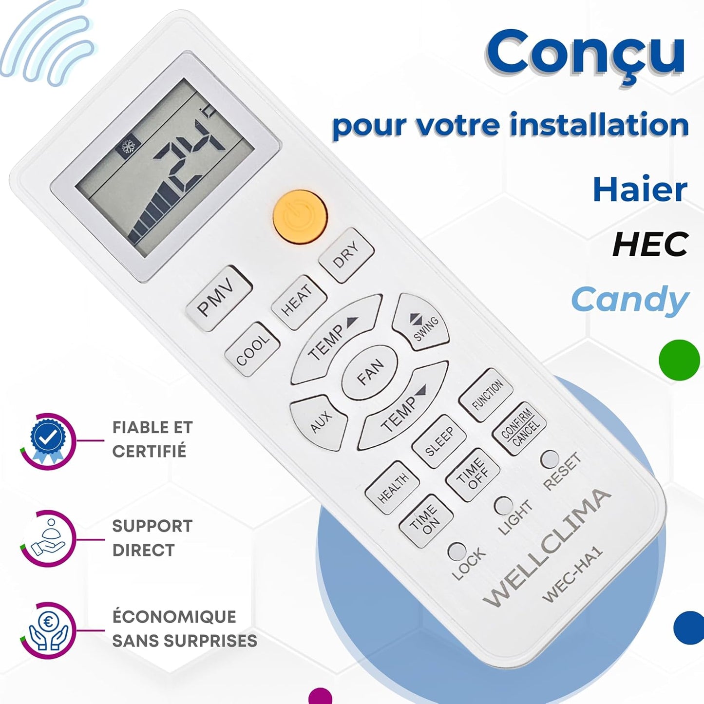  Wellclima WEC-HA1 Télécommande Pour Climatiseur Pour Haier, Pour HEC, Pour Candy, Plus Complète Que Les Universelles, Prête à L’Emploi Avec Fonctions Spéciales, Pour Inverter Et Pompe à Chaleur