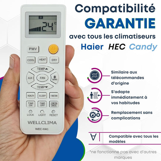  Wellclima WEC-HA1 Télécommande Pour Climatiseur Pour Haier, Pour HEC, Pour Candy, Plus Complète Que Les Universelles, Prête à L’Emploi Avec Fonctions Spéciales, Pour Inverter Et Pompe à Chaleur