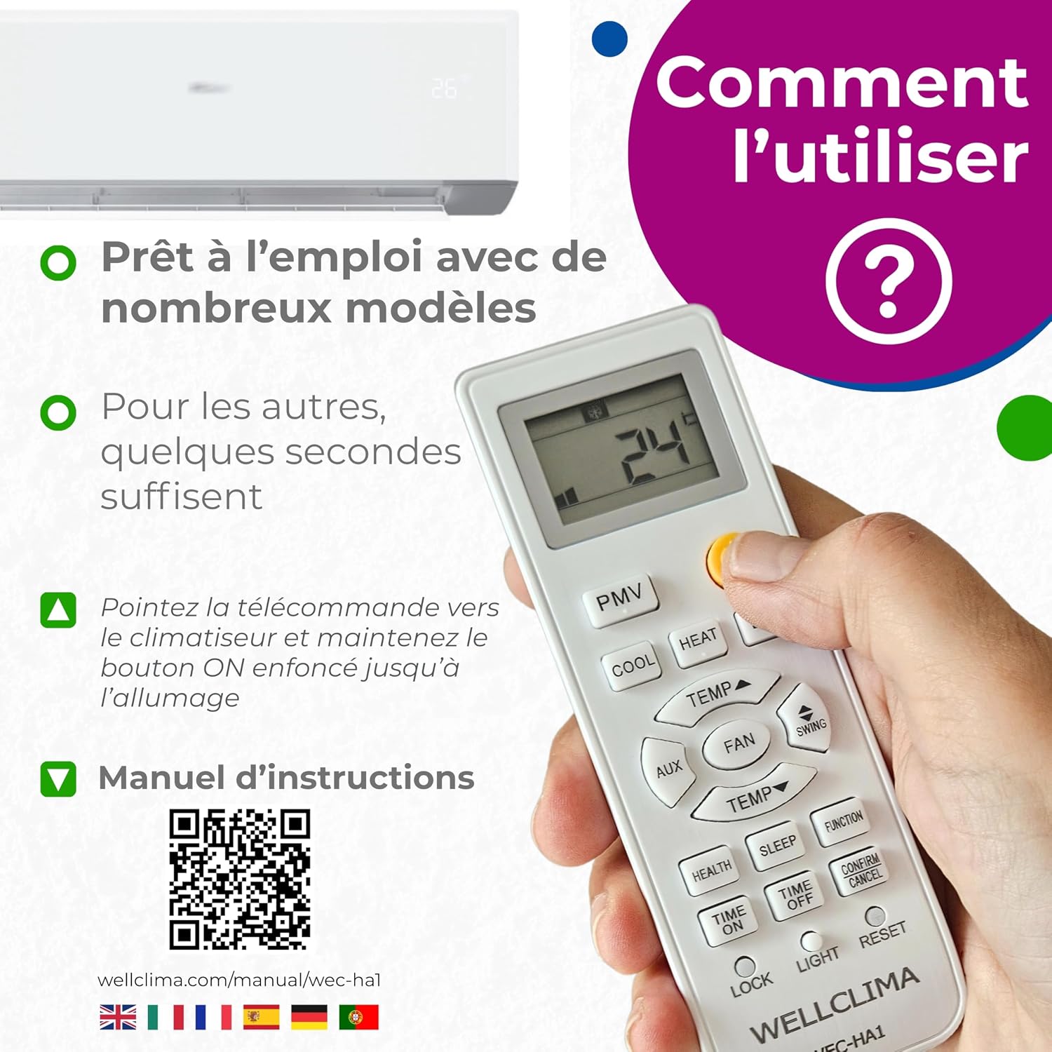  Wellclima WEC-HA1 Télécommande Pour Climatiseur Pour Haier, Pour HEC, Pour Candy, Plus Complète Que Les Universelles, Prête à L’Emploi Avec Fonctions Spéciales, Pour Inverter Et Pompe à Chaleur