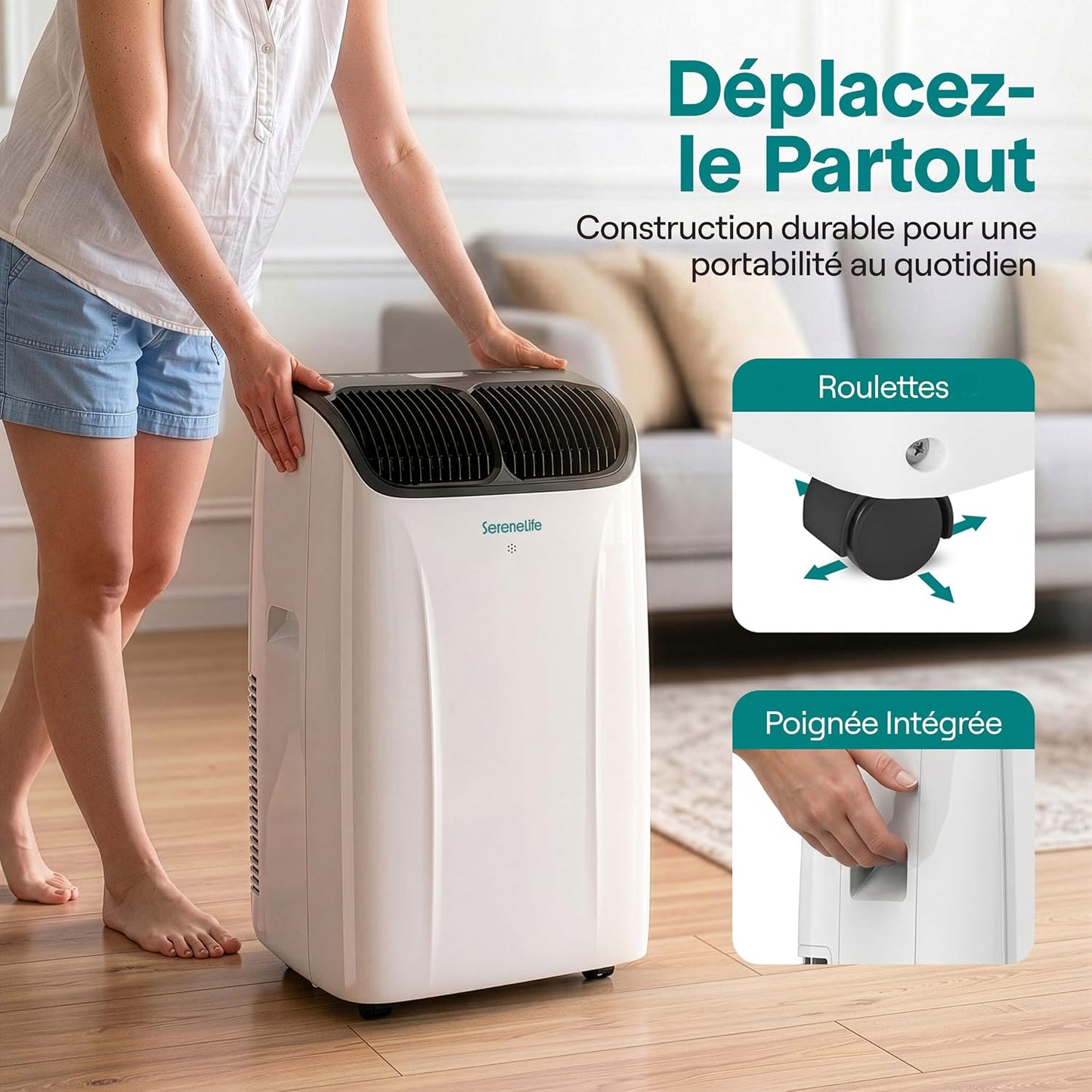  SereneLife Climatiseur Portable 14 000 BTU – Clim Mobile 3 En 1 Silencieuse Avec WiFi, Déshumidificateur, Ventilation, Télécommande Et Kit Fenêtre, Contrôle APP, Minuterie 24 H