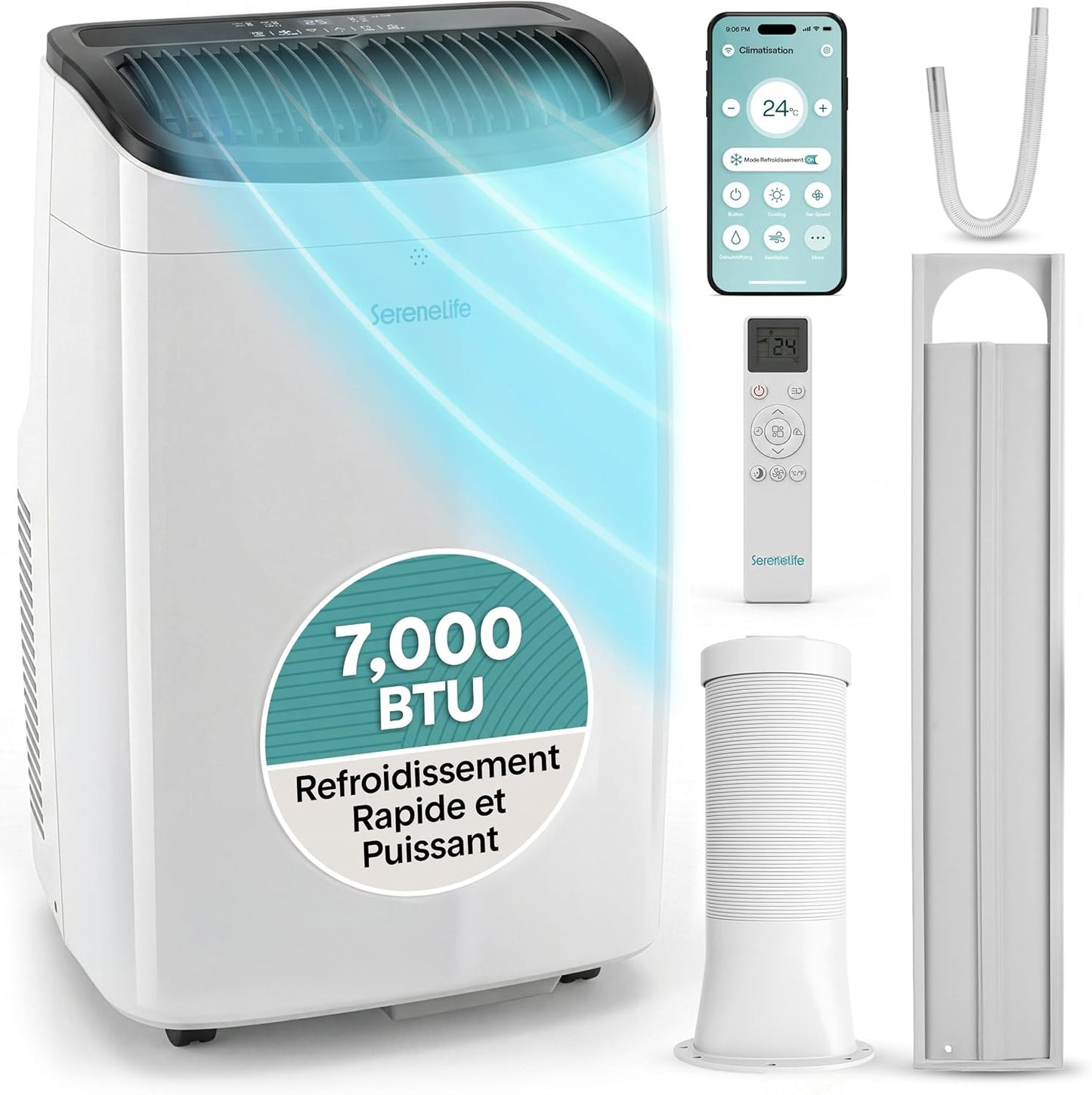  SereneLife Climatiseur Portable 14 000 BTU – Clim Mobile 3 En 1 Silencieuse Avec WiFi, Déshumidificateur, Ventilation, Télécommande Et Kit Fenêtre, Contrôle APP, Minuterie 24 H