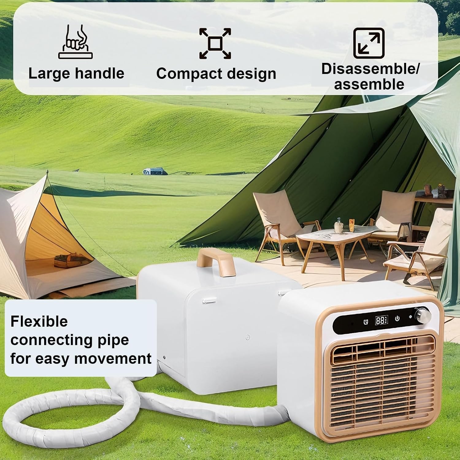 GENERIC Climatiseur Split Portable, Unité De Climatisation 5000 BTU Avec Wi-Fi Et Télécommande - Refroidissement Silencieux 40dB, Débit D’Air 130m³/h, Minuterie 12H Pour Camping-Car, Caravane, Campin 2m-Pipe