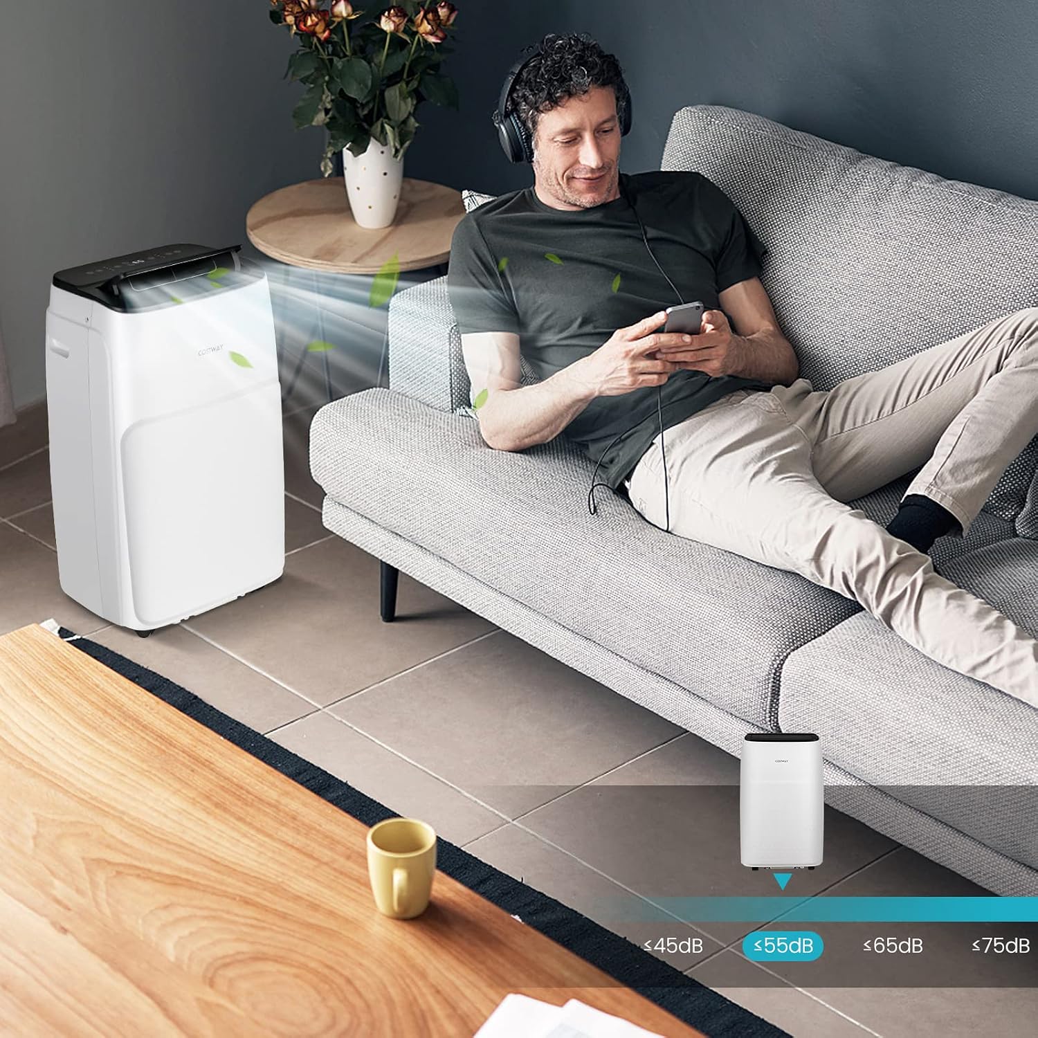  COSTWAY Climatiseur Mobile Silencieux 5 EN 1, Clim 12000BTU Refroidissement Rapide,Chauffage,Ventilateur,Déshumidificateur,Mode Nuit, Climatisation Faible Conso,Wifi