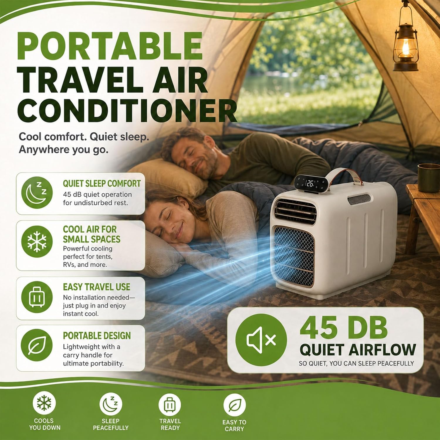  Climatiseur Portable, 4700 BTU Mobile AC Pour Tentes Et VR, Double échappement De Tuyau, Auto-évaporation, Déshumidificateur, Fonctionnement Silencieux Pour Les Petits Espaces Et Le Camping, Contrôle