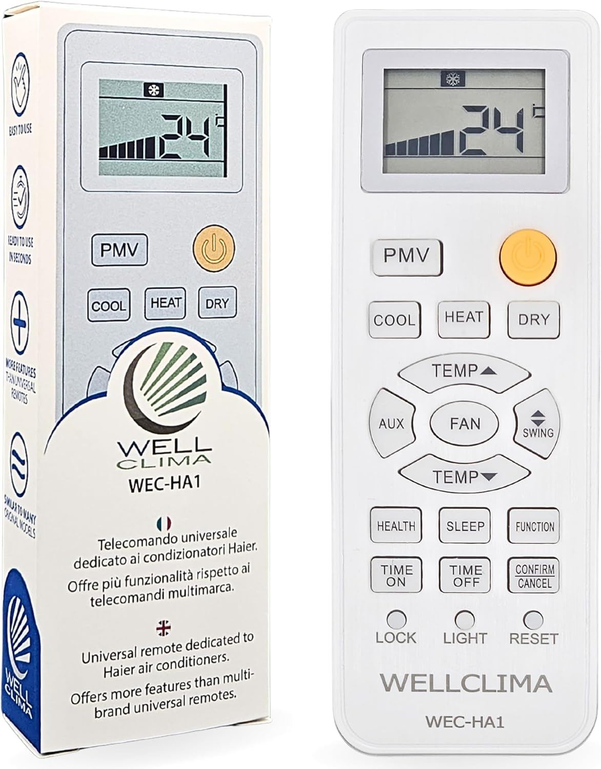  Wellclima WEC-HA1 Télécommande Pour Climatiseur Pour Haier, Pour HEC, Pour Candy, Plus Complète Que Les Universelles, Prête à L’Emploi Avec Fonctions Spéciales, Pour Inverter Et Pompe à Chaleur
