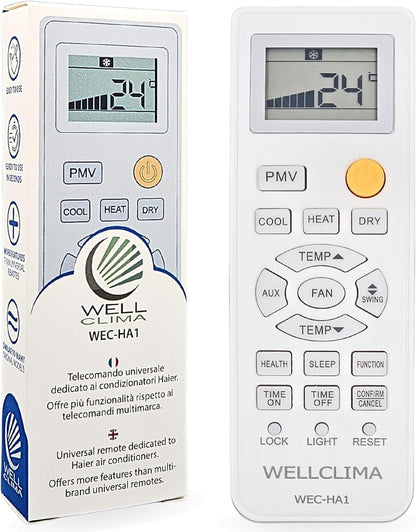  Wellclima WEC-HA1 Télécommande Pour Climatiseur Pour Haier, Pour HEC, Pour Candy, Plus Complète Que Les Universelles, Prête à L’Emploi Avec Fonctions Spéciales, Pour Inverter Et Pompe à Chaleur