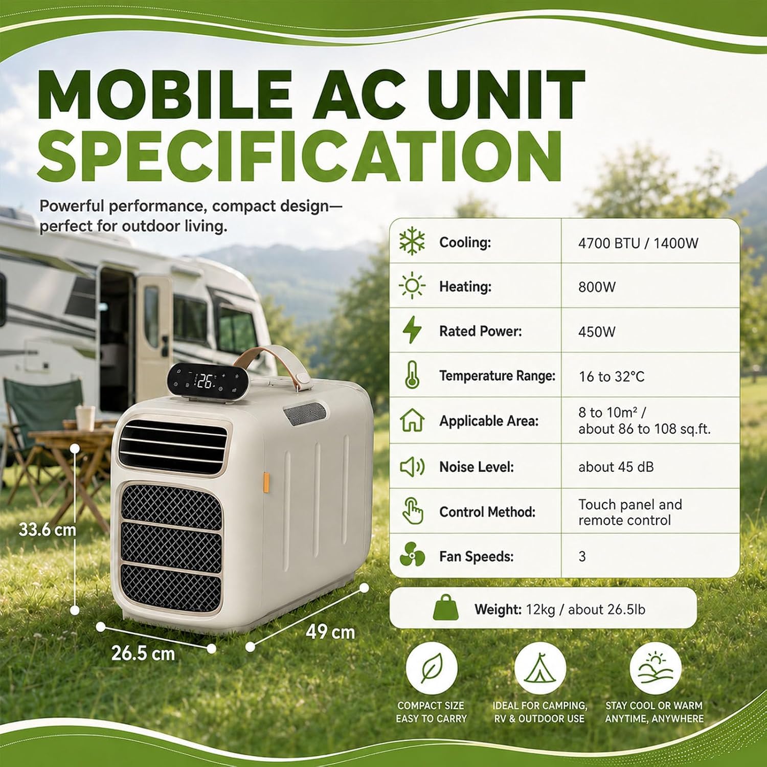  Climatiseur Mobile,Climatiseur Portable,Puissance De Refroidissement De 4700 Btu Et 450 W,Unité De Climatisation De Camping Avec Télécommande Et 3 Vitesses De Ventilation Cooling