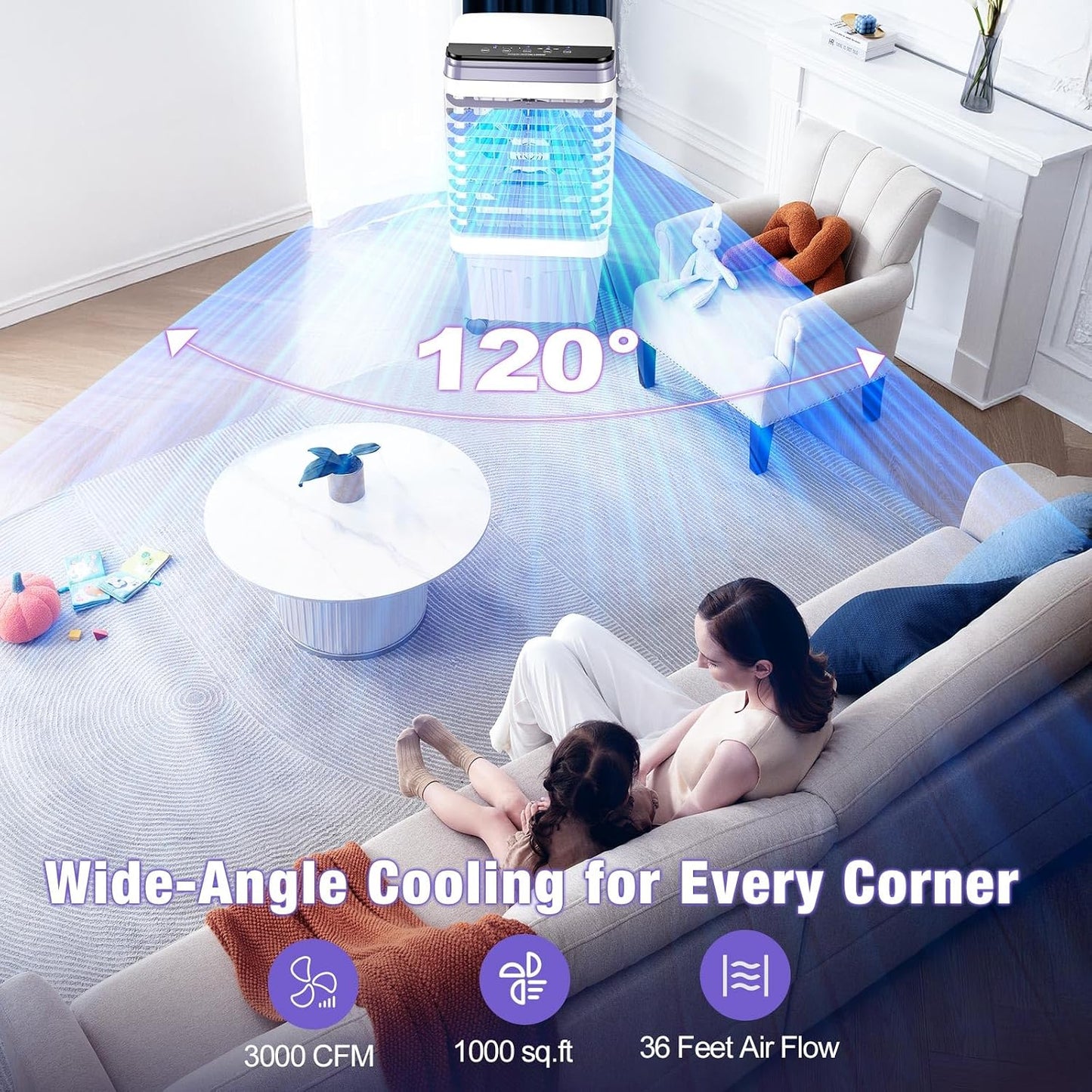  Swamp Cooler, Climatiseur Portable 2 500 CFM, Refroidisseur D'air évaporatif Avec Réservoir D'eau De 6,87 Gallons, 3 Vitesses Et 4 Modes, Oscillation à 120°, Refroidisseur D'air Avec Minuterie De
