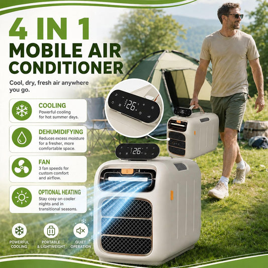  Climatiseur Portable, 4700 BTU Mobile AC Pour Tentes Et VR, Double échappement De Tuyau, Auto-évaporation, Déshumidificateur, Fonctionnement Silencieux Pour Les Petits Espaces Et Le Camping, Contrôle