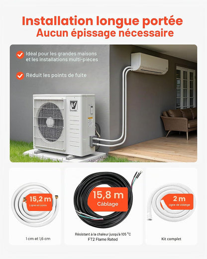  VEVOR Kit Liaison Frigorifique Tuyau En Cuivre Mini-split 9,5 Mm 15,9 Mm Diamètre Extérieur, 15,2 M Longueur, Bobine Isolée PE Blanc Épais 9,5 Mm Avec Écrous, Raccords, Pour Mini Climatiseurs Split