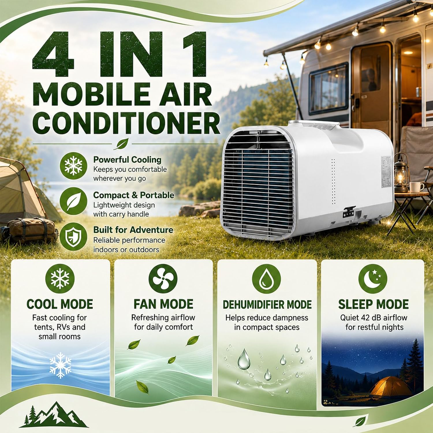  Climatiseur De Camping 4 En 1, Climatiseur Portable, Climatiseur Mobile, Rafraîchisseur D'air Professionnel Pour Cabine, Bureau – Auto-Évaporation, Mode Nuit, 4 Modes 1300W