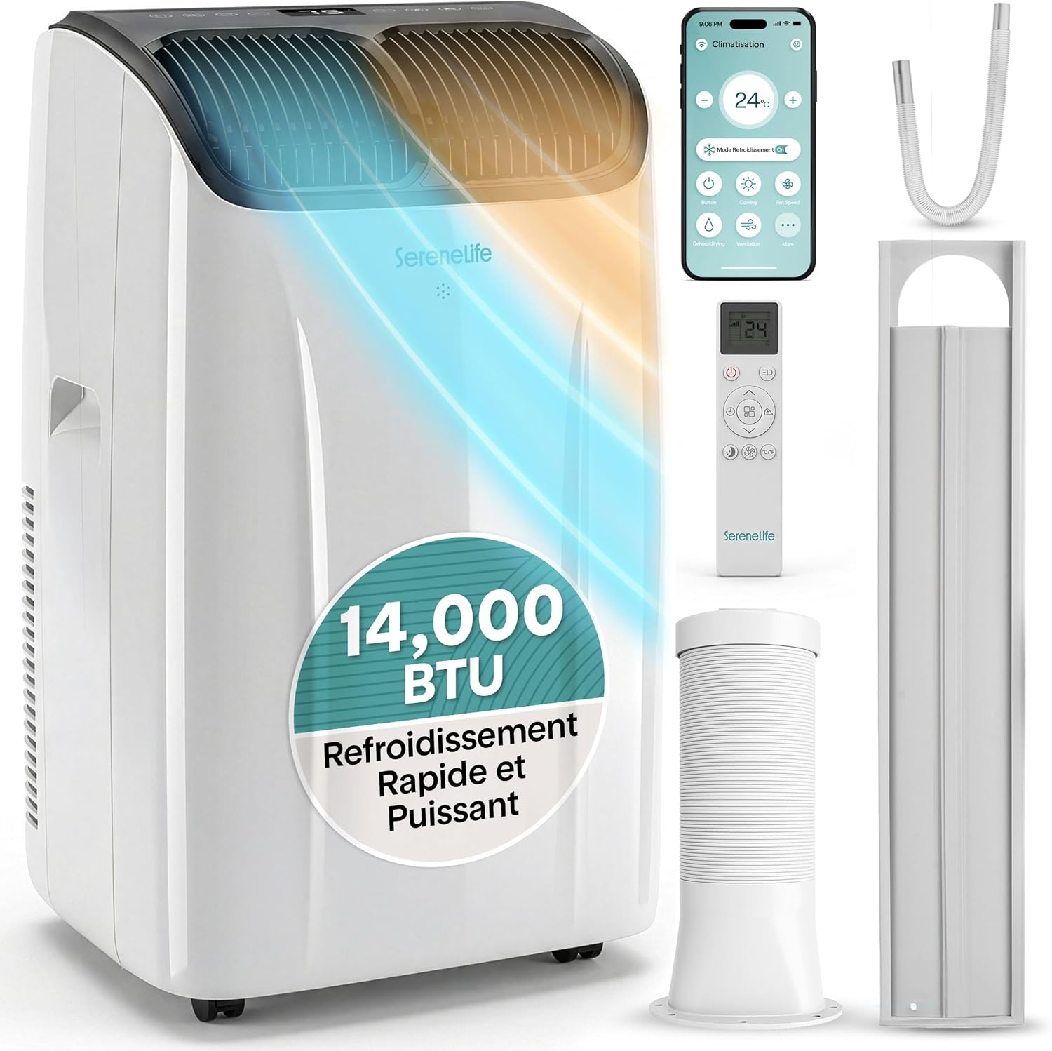  SereneLife Climatiseur Portable 14 000 BTU – Clim Mobile 3 En 1 Silencieuse Avec WiFi, Déshumidificateur, Ventilation, Télécommande Et Kit Fenêtre, Contrôle APP, Minuterie 24 H