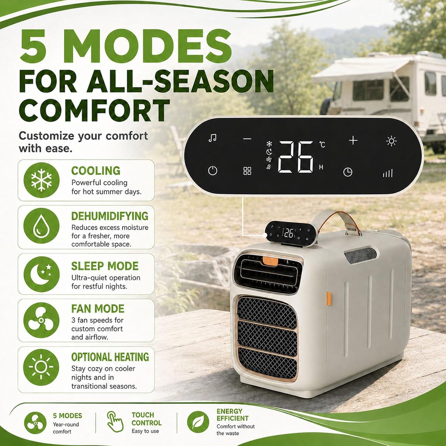  Climatiseur Portable, 4700 BTU Mobile AC Pour Tentes Et VR, Double échappement De Tuyau, Auto-évaporation, Déshumidificateur, Fonctionnement Silencieux Pour Les Petits Espaces Et Le Camping, Contrôle