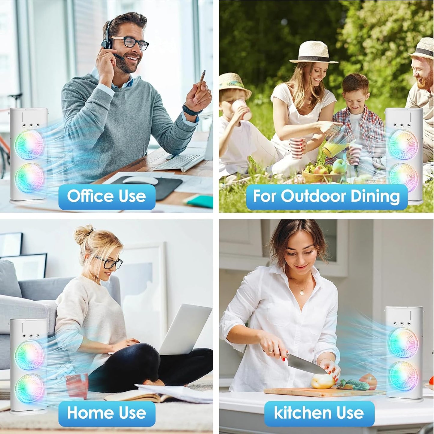  Climatiseur Mobile Rafraîchisseur D’Air, Mini Climatiseur 4 En 1, Ventilateur USB Avec 3 Vitesses & 3 Modes Brume, Refroidisseur D’Air Silencieux Avec LED 7 Couleurs Pour Bureau, Maison