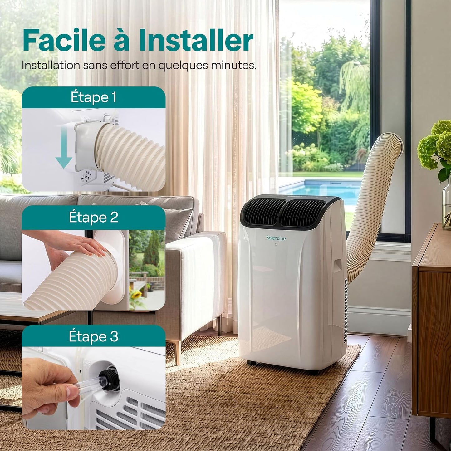  SereneLife Climatiseur Portable 14 000 BTU – Clim Mobile 3 En 1 Silencieuse Avec WiFi, Déshumidificateur, Ventilation, Télécommande Et Kit Fenêtre, Contrôle APP, Minuterie 24 H